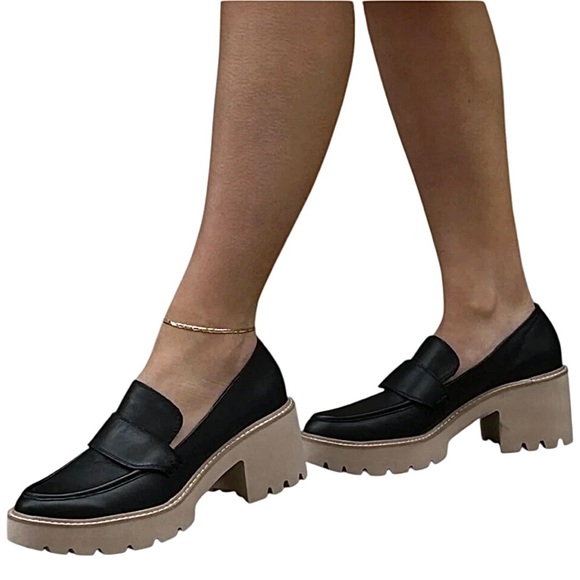 Dolce Vita Halona Black Leather & Tan Lug-Sole Platform Loafer Pumps Size 10 New - Picture 11 of 16